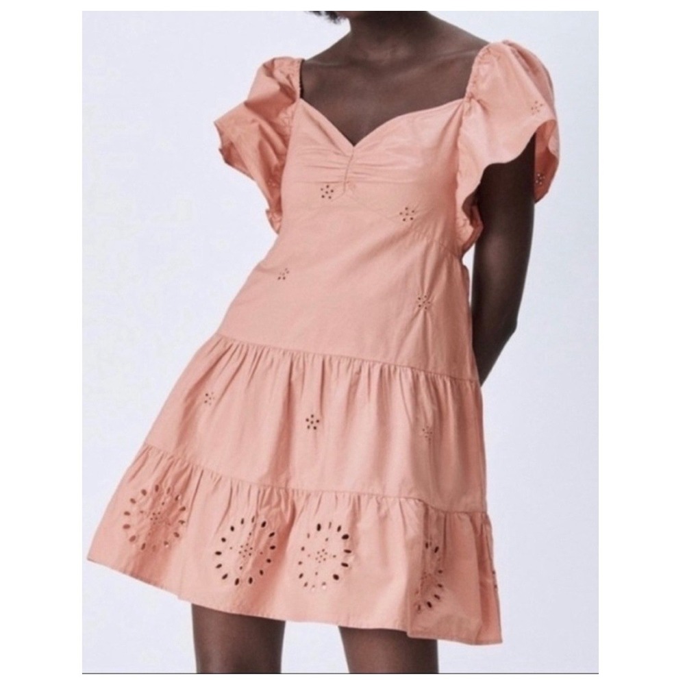 Zara Babydoll Mini Dress Pink Eyelet Tiered Smocked Flutter Sleeve Size S Small